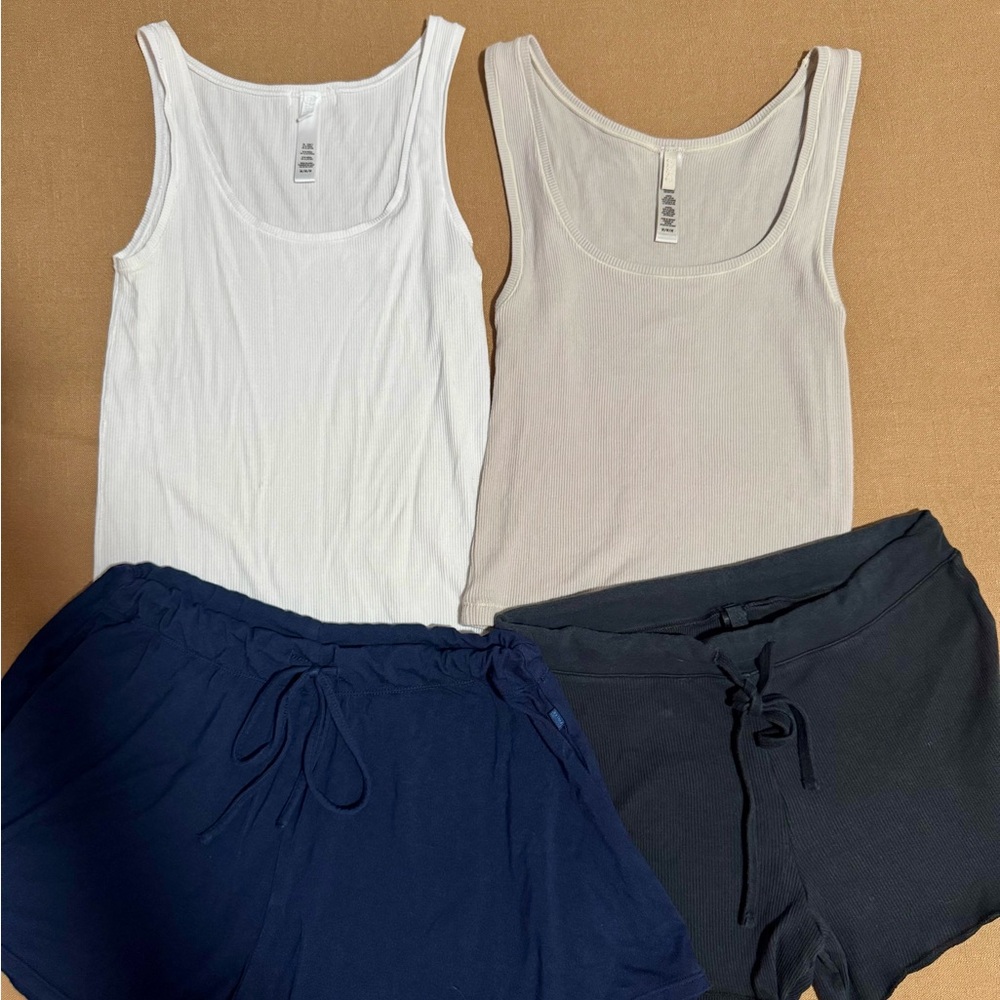 SKIMS White and Cream Tank Tops with Navy and Black Shorts Set Bundle